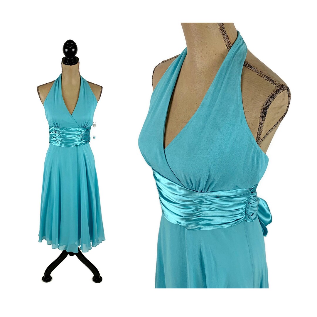 Y2K Aqua Silk Chiffon Halter Dress Small V Neck Midi Dress - Etsy