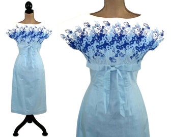 S 50s Floral Embroidered Light Blue Cotton Dress Small, Spring Summer Day Dress, 1950s Clothes Women, Vintage Clothing from HELEN WHITING