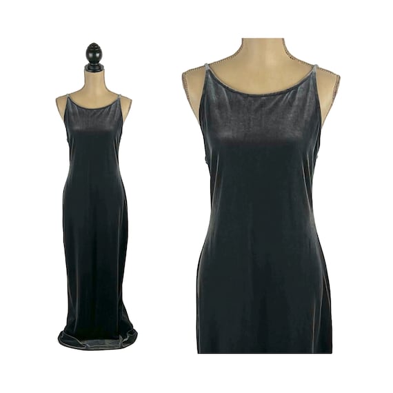 M 90s Dark Gray Velvet Maxi Dress Medium, Fitted … - image 1