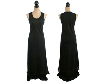 S-M 90s Long Black Chiffon Maxi Dress with Train, Minimal Sleeveless Gothic Goth Wedding Gown, 1990s Clothes Women Vintage POSITIVE ATTITUDE