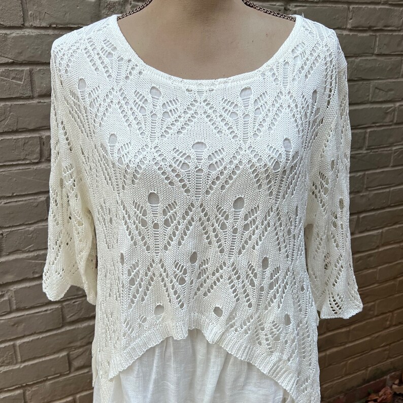 S Short White Boho Tiered Ruffle Mini Dress, Mori Langenlook Layered Knit Pointelle Sweater, Long Tunic Top, Cottagecore Clothes Women Small image 2