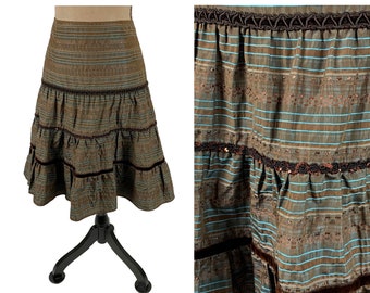 S Y2K Drop Waist Midi Skirt Small, Brown + Teal Striped Taffeta, Sparkly Embellished Tiered Skirt, 2000s Clothes for Women by NANETTE LEPORE