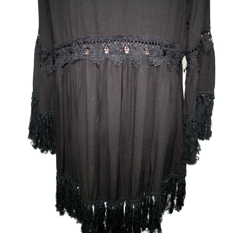 Black Boho Duster Kimono with Fringe Festival Coat Gypsy Style Open Cardigan Women Hippie Clothes Bell Sleeve Jacket Bohemian Clothing