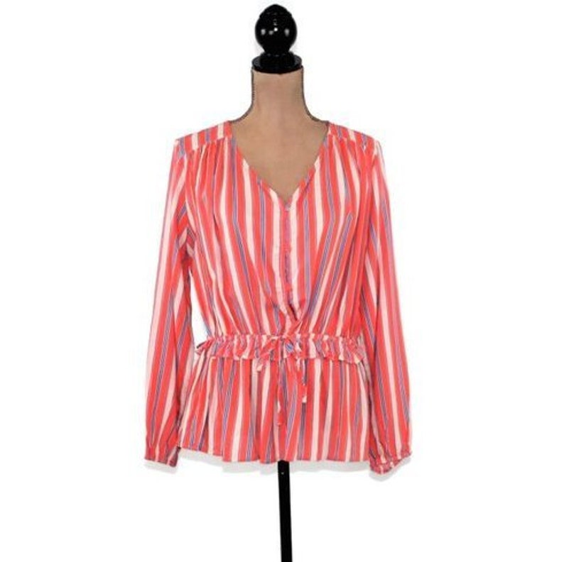 Coral Orange Stripe Button Down Rayon Shirt Long Sleeve Peplum Top Loose Fit Cinched Waist Drawstring Collarless Blouse Women Clothes Casual image 4