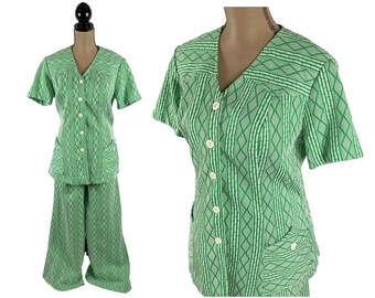 L-XL 60s 70s Green Geometric 2 Piece Pant Set Large XL, Polyester Double Knit Mod Outfit, Spring Clothes Women Vintage Fashions by LEILA