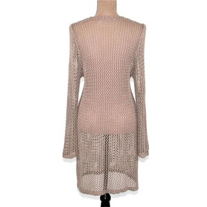 S Mocha Bell Sleeve Crochet Dress Small, See Through Sweater Open Knit Fishnet Beach Cover Up, Bohemian Hippie Clothes, Boho Clothing Women image 6