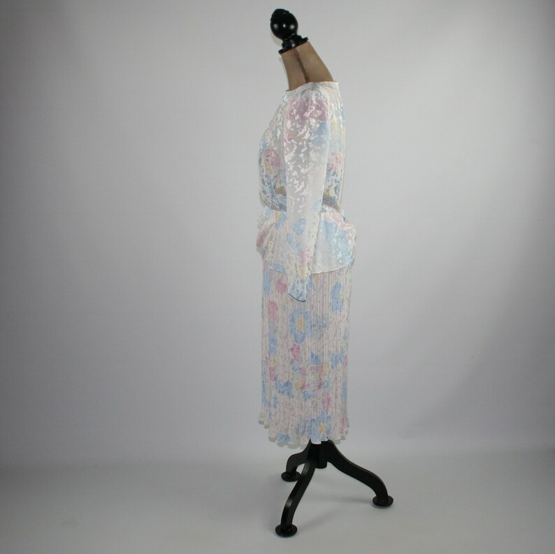 Accordion Pleated Peplum Pastel Abstract Print 70s Long Sleeve Satin Midi Dress Small Petite Vintage Clothing ILGWU 1970s Clothes Women