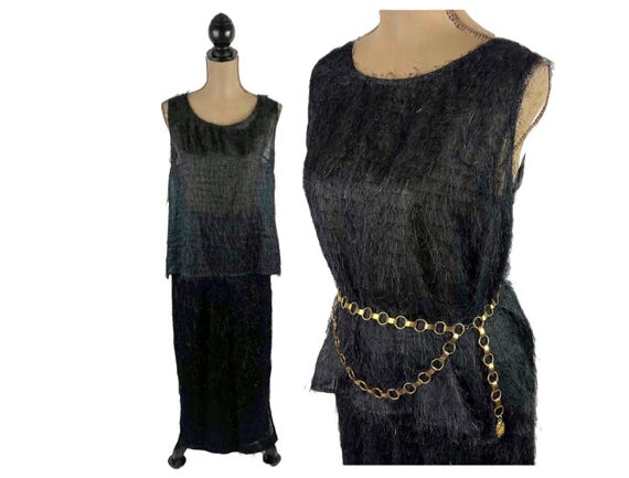 XL 80s 90s Sparkly Black Eyelash Fringe Two Piece Set Matching Sleeveless Top Maxi Skirt Plus Size Clothes Women Vintage SL FASHIONS Etsy