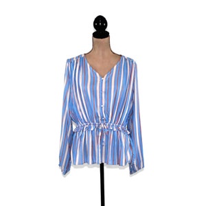 Coral Orange Stripe Button Down Rayon Shirt Long Sleeve Peplum Top Loose Fit Cinched Waist Drawstring Collarless Blouse Women Clothes Casual image 8