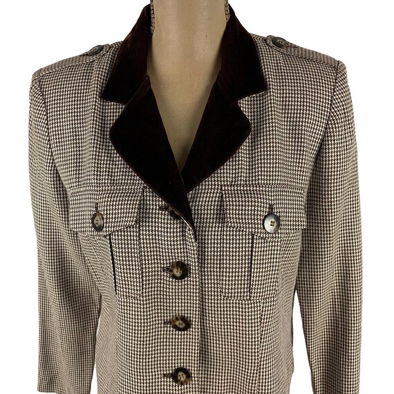 M-L 80s Houndstooth Jacket, Velvet Collar Brown &… - image 2