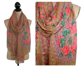 Embroidered Chiffon Long Scarf, Printed Shawl Wrap, Ethnic Sari or Dupatta Brown Floral Coral Teal & Purple, Vintage Accessories for Women