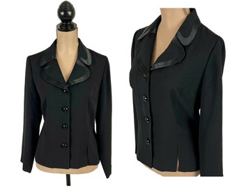 M 90s Black Blazer Medium Petite, Polyester Suit Jacket, Classy Minimalist 1990s Clothes Women, Vintage Clothing LESLIE FAY Size 10
