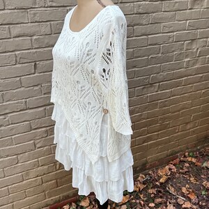 S Short White Boho Tiered Ruffle Mini Dress, Mori Langenlook Layered Knit Pointelle Sweater, Long Tunic Top, Cottagecore Clothes Women Small image 5