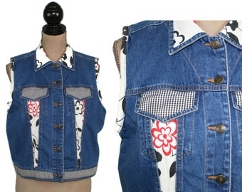 M-L 80s 90s Floral Gingham Patchwork Vest Denim Waistcoat 100% Cotton Collar Button Up Sleeveless Denim Jacket Casual Clothes Women Vintage