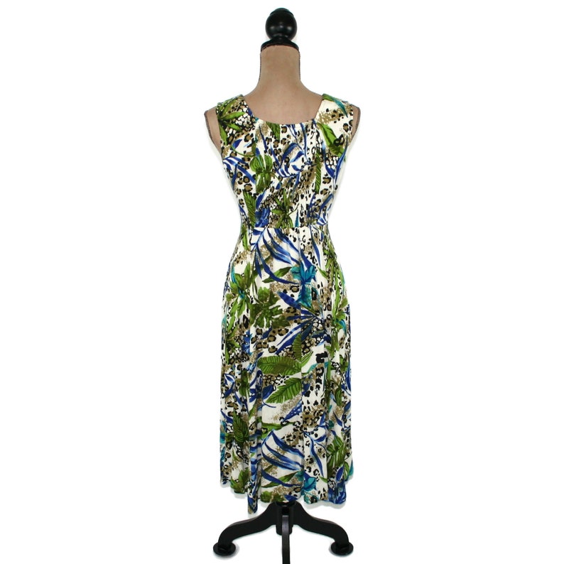 90s Summer Dress Medium, Tropical Print Midi, Sleeveless Button Up, Casual Flowy Crinkle Rayon, 1990s Clothes Women Vintage Dressbarn image 6