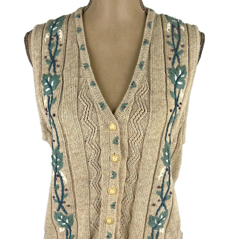 M 90s Button Up Sweater Vest Medium, Embroidered Waistcoat, Beige Knit Sleeveless Cardigan, 1990s Clothes for Women, Vintage I.C. ISAACS image 3