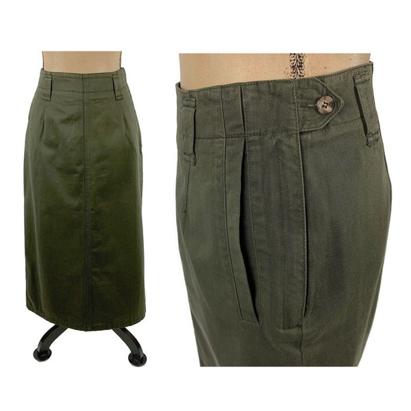 90s Army Green Maxi Skirt Large, Cotton Straight Long Pencil Skirt Olive Drab High Waist Pockets 1990s Clothes Women Vintage LIZWEAR Size 14