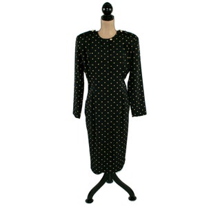 L 90s Black & Gold Polka Dot Dress Large, Long Sleeve Midi Dress with Pockets, 1990s Clothes Women, Vintage Clothing from MS CHAUS Size 14 image 6