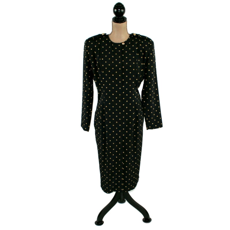 L 90s Black & Gold Polka Dot Dress Large, Long Sleeve Midi Dress with Pockets, 1990s Clothes Women, Vintage Clothing from MS CHAUS Size 14 image 6