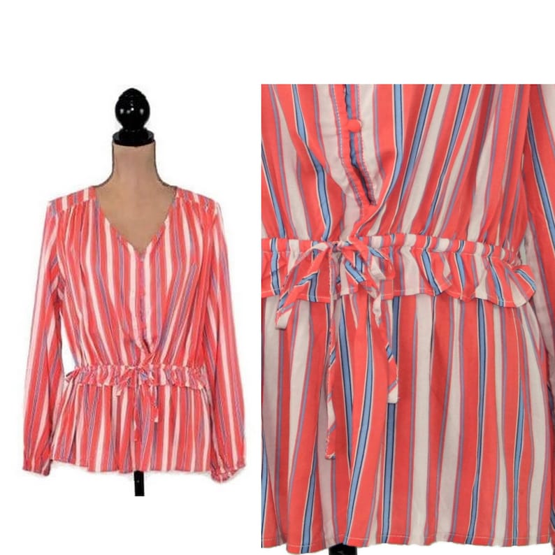 Coral Orange Stripe Button Down Rayon Shirt Long Sleeve Peplum Top Loose Fit Cinched Waist Drawstring Collarless Blouse Women Clothes Casual image 1