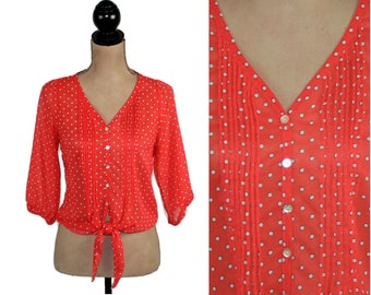 S Y2K Orange Polka Dot Chiffon Blouse Small,Pintuck Sheer Button Down Shirt 3/4 Sleeve V Neck Tie Front Crop Top 2000s Clothes Women Vintage