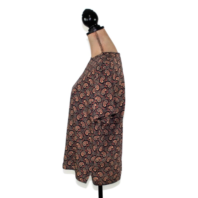 1980s Blouse Short Sleeve Paisley Shirt Boxy Navy Blue Print Rayon Office Wear Liz Claiborne Top 80s Vintage Clothing Women Medium Petite