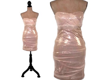 Y2K Blush Pink Strapless Dress XS, Sexy Sequin Party Dress, Sparkly Mini Dress with Tulle Overlay, 2000s Clothes Women, Junior Size 7