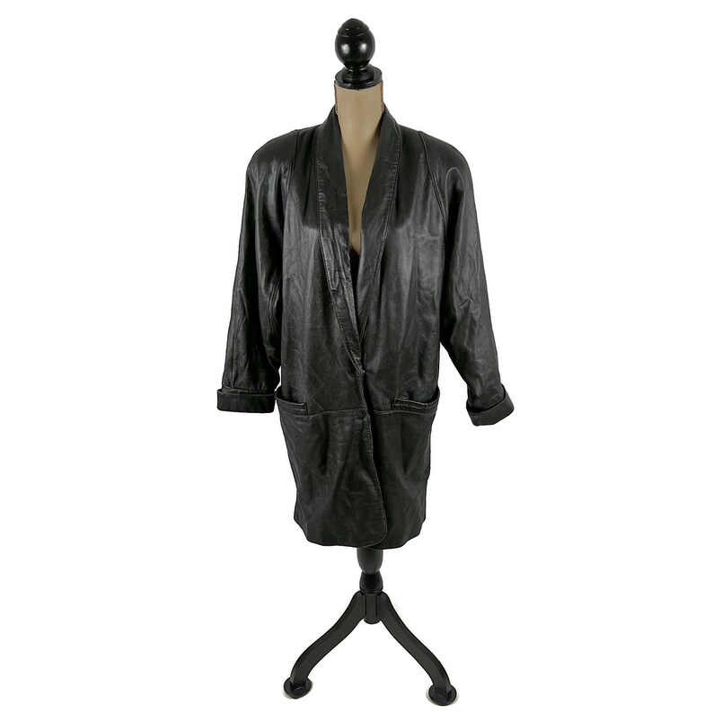 Vintage WILSONS Oversized Black Leather Coat Women, Round Shoulder Pad Dolman Sleeve 80s New Wave 90s Minimalist Trench Coat Medium to Large image 4