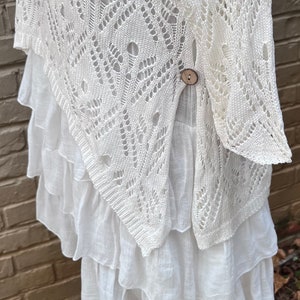 S Short White Boho Tiered Ruffle Mini Dress, Mori Langenlook Layered Knit Pointelle Sweater, Long Tunic Top, Cottagecore Clothes Women Small image 4