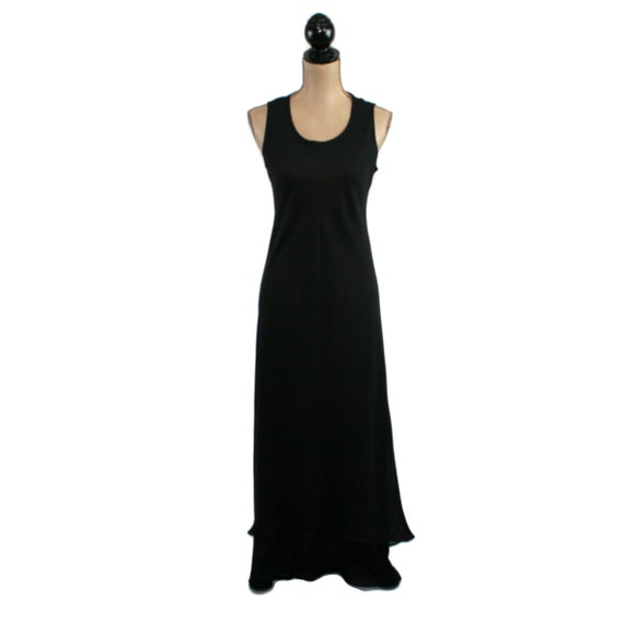 S-M 90s Long Black Chiffon Maxi Dress with Train,… - image 4