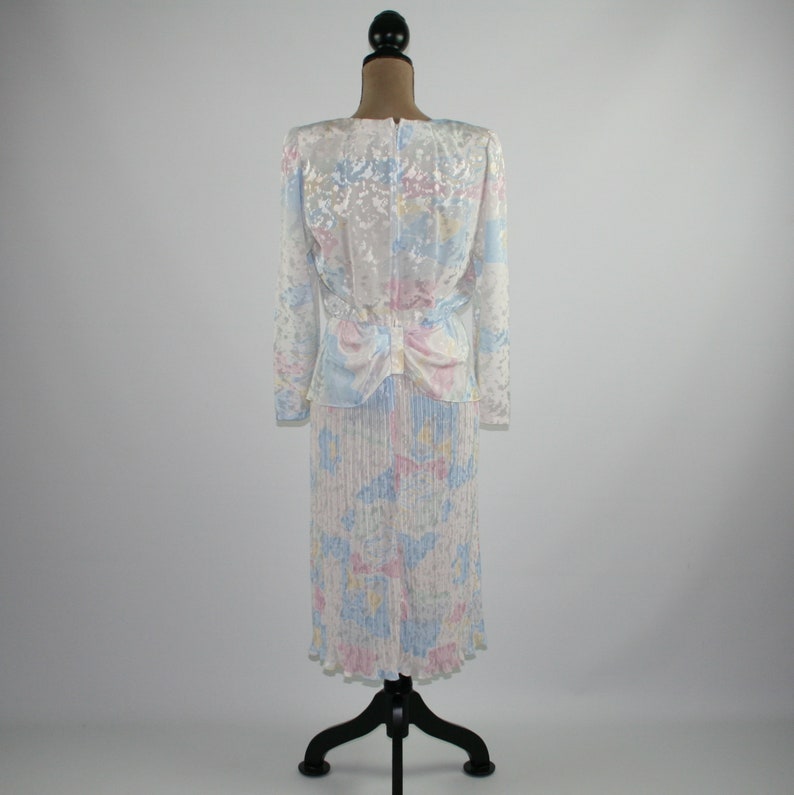 Accordion Pleated Peplum Pastel Abstract Print 70s Long Sleeve Satin Midi Dress Small Petite Vintage Clothing ILGWU 1970s Clothes Women