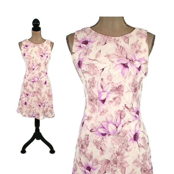 S 80s 90s Pastel Floral Chiffon Midi Dress Small,… - image 1