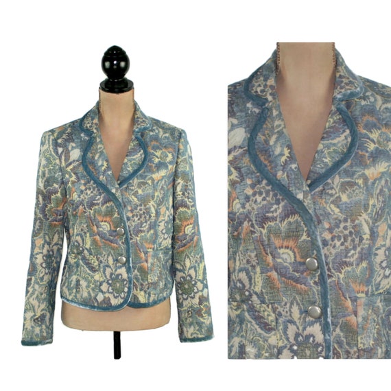 M Y2K Blue Floral Blazer Medium, Tapestry Jacket … - image 1