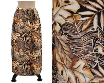 L 80s Tropical Maxi Skirt Large, Elastic Waist A Line Long Skirt, Earthy Leaf Print Polyester, 1980s Clothes Women Vintage Clothing N TOUCH