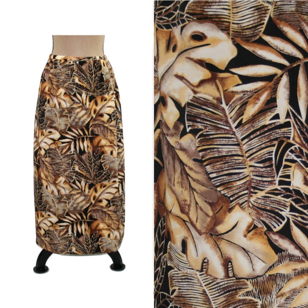 L 80s Tropical Maxi Skirt Large, Elastic Waist A Line Long Skirt, Earthy Leaf Print Polyester, 1980s Clothes Women Vintage Clothing N TOUCH