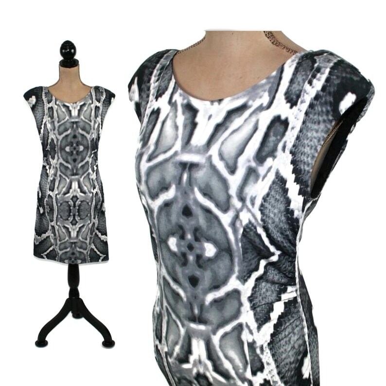 M 90s Y2K Short Snake Print Dress Medium, Cap Sleeve Jersey Knit Bodycon Mini Dress, Reptile Gray Black White, Club Clothes Women Vintage image 1