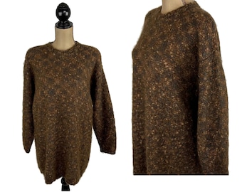 L 80s Brown Knit Sweater Large, Wool Blend Boucle Oversized Drop Shoulder, Fall Winter 1980s Clothes Women Vintage Clothing Paul Harris