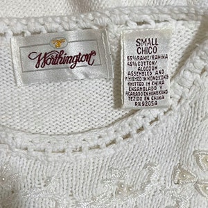 S 80s White Knit Sweater Small, Cotton Pointelle Pearl Beaded Embroidered Tunic Sweater, 1980s Clothes Women, Vintage Clothing Worthington image 9