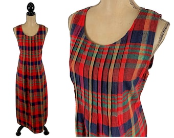 M-L 90s Long Plaid Maxi Dress Medium Large, Sleeveless Casual Pintuck Cotton Linen Tie Back Jumper, 1990s Clothes Women Vintage MISS DORBY