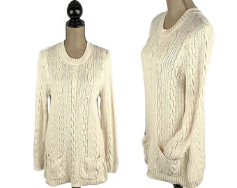 M 90s Cream Cable Knit Fisherman Tunic Sweater with Pockets, 100% Cotton Crew Neck Pullover, 1990s Clothes Women Vintage by JEANNE PIERRE