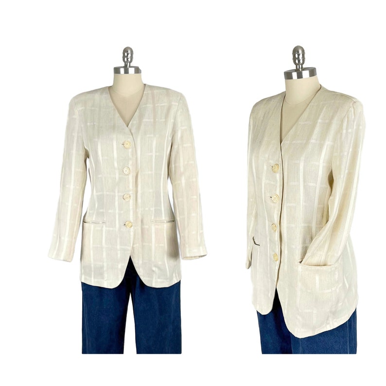 S-M 80s Cream Fitted Long Blazer, Collarless Shoulder Pad Tailored Jacket, Spring Summer 1980s Clothes Women Vintage PETITE SOPHISTICATE image 1