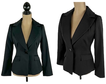 Y2K Fitted Black Wool Blazer XS, Gabardine Tailored Suit Jacket Women, Minimalist Business Wear, 2000s Clothes for Women ANN TAYLOR