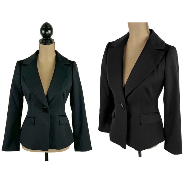 Y2K Fitted Black Wool Blazer XS, Gabardine Tailored Suit Jacket Women, Minimalist Business Wear, 2000s Clothes for Women ANN TAYLOR