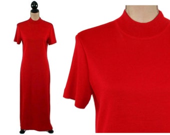 S 90s Long Red Dress Small, Winter Maxi Sweater Dress, Mock Neck Short Sleeve Wool Blend Knit, 1990s Clothes Women Vintage PLAZA SOUTH