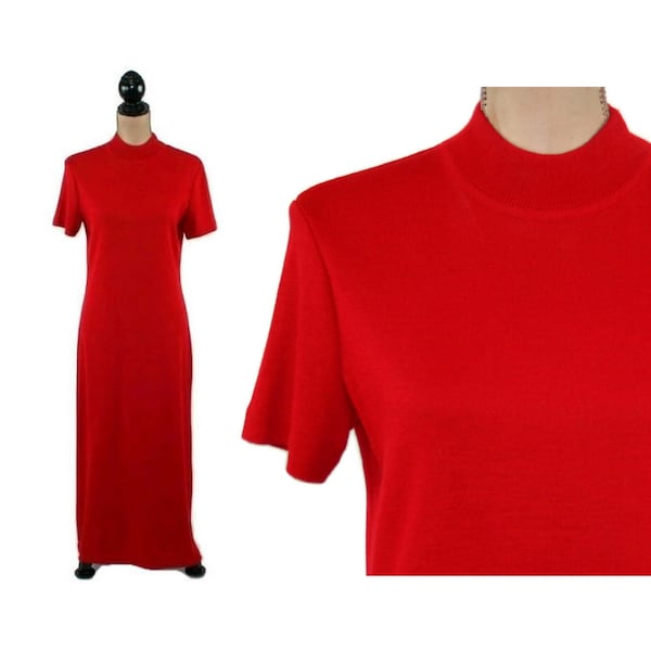 S 90s Long Red Dress Small, Winter Maxi Sweater Dress, Mock Neck Short Sleeve Wool Blend Knit, 1990s Clothes Women Vintage PLAZA SOUTH