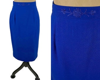 M 90s Y2K Royal Blue Pencil Skirt Medium, Straight Midi Skirt with Pockets, Embroidered Waist Band 28.5" Vintage Clothes for Women Size 8