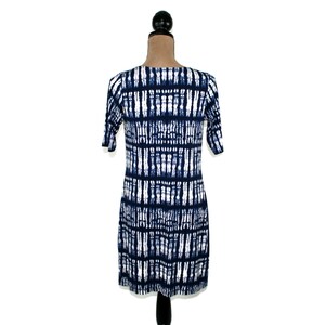 S-M Y2K Jersey Knit Dress, Short Sleeve Midi, Abstract Tie Dye Dark Blue and White, Fitted Stretchy Casual 2000s Clothes Women Small Medium image 6