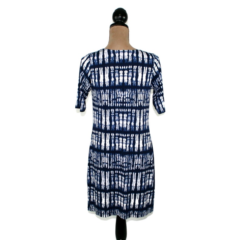 S-M Y2K Jersey Knit Dress, Short Sleeve Midi, Abstract Tie Dye Dark Blue and White, Fitted Stretchy Casual 2000s Clothes Women Small Medium image 6