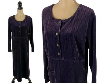 90s Plus Size Corduroy Dress, Dark Purple Maxi Dress XL, Casual Long Sleeve Loose Fit, 1990s Clothes Women Vintage REAL COMFORT Size 16W