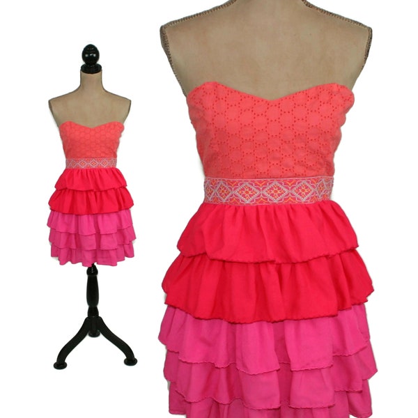 S Y2K Tiered Mini Dress Small, Ruffled Strapless Sweetheart, Fit and Flare Party Dress, Short Hot Pink & Orange, 2000s Clothes Women Teens